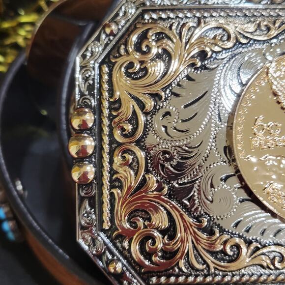 Centenario Cowboy Belt Buckle Western Hebilla Rodeo Silver Rosetone Coin - Picture 3 of 9